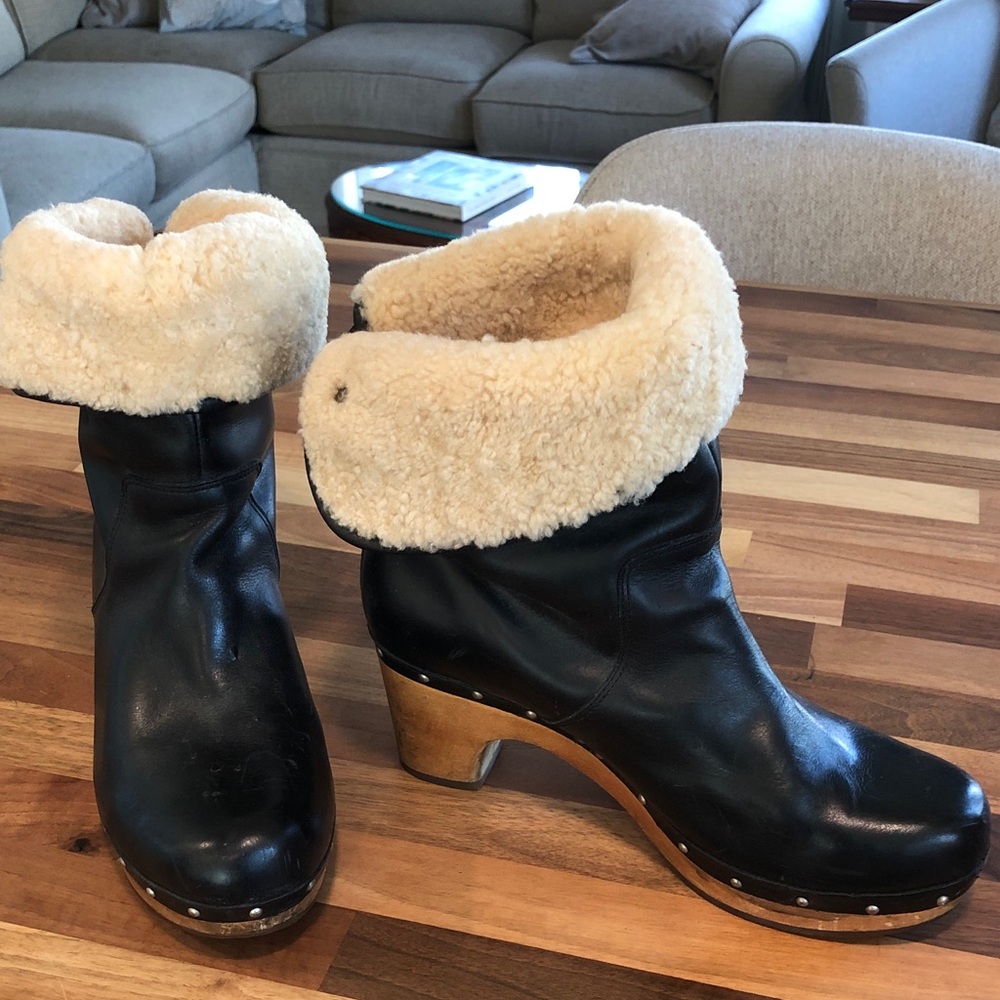 UGG Black Leather Shearling Cuff Clog Boots